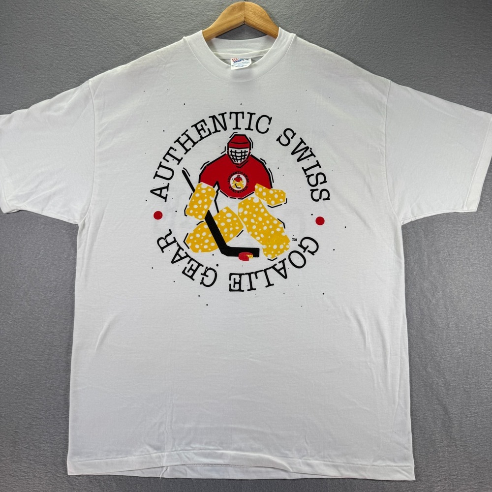 Vintage Authentic Swiss Goalle Gear T-Shirt Adult XL White Holey Goalie Hockey
